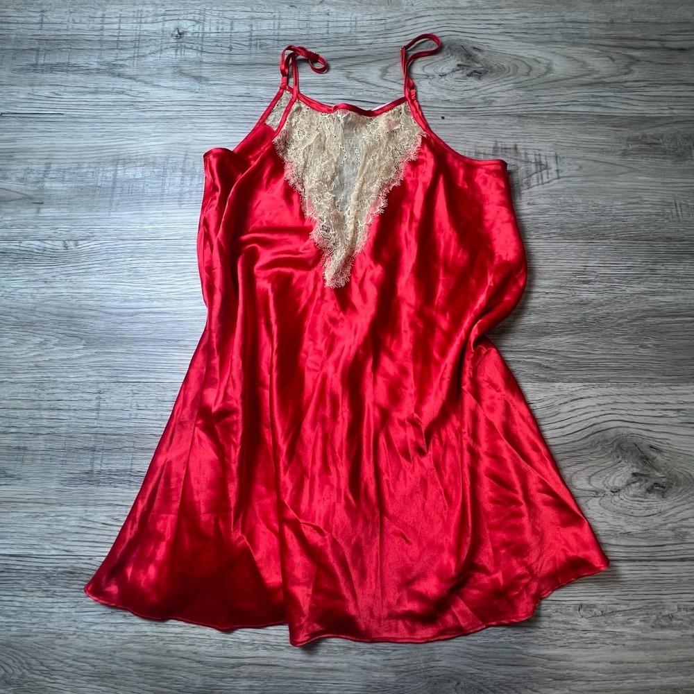 Victoria's Secret Chemise Women M Red Satin Gold Lace Slip Sleepwear Nightie